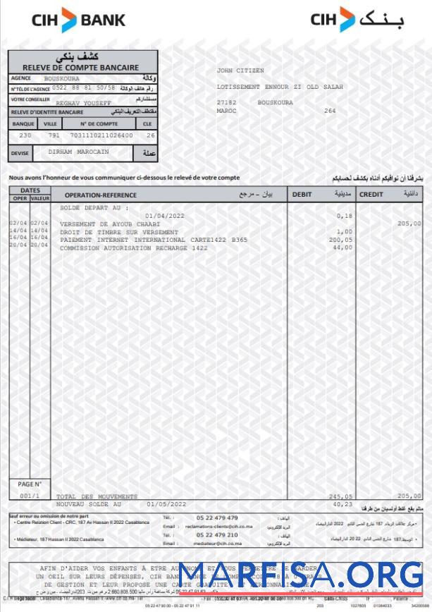 Downloadable Morocco CIH bank statement word download for verification